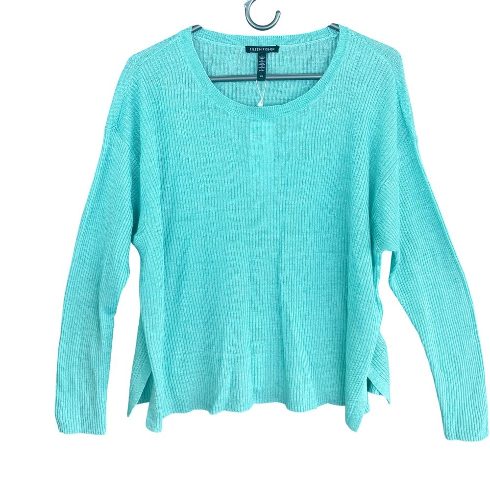 Eileen Fisher Linen Ribbed Sweater L NWT Aqua Green Coastal Luxury Minimalist - Picture 2 of 7